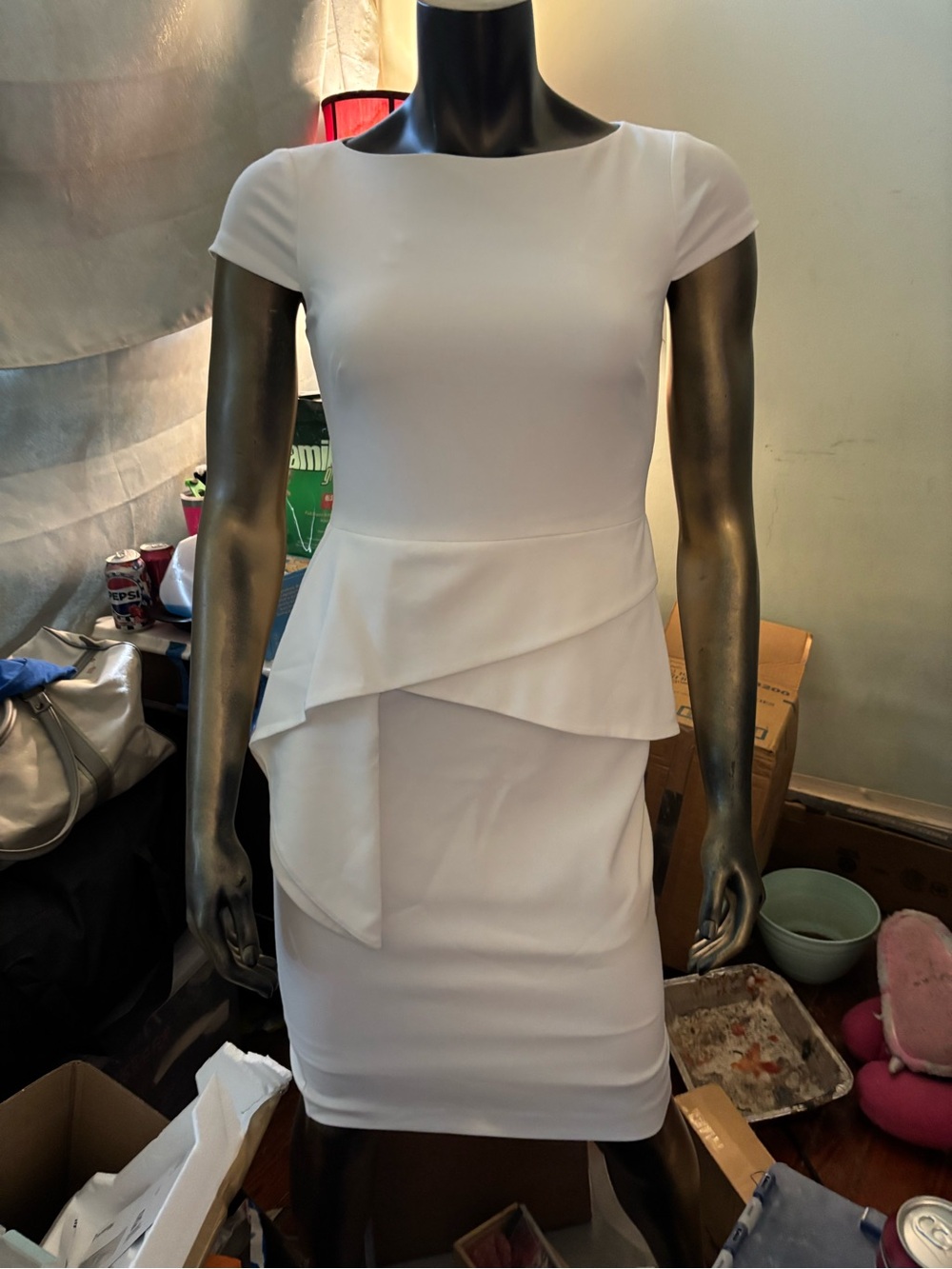 New Vince Camuto White Short Sleeve Peplum Sheath Dress